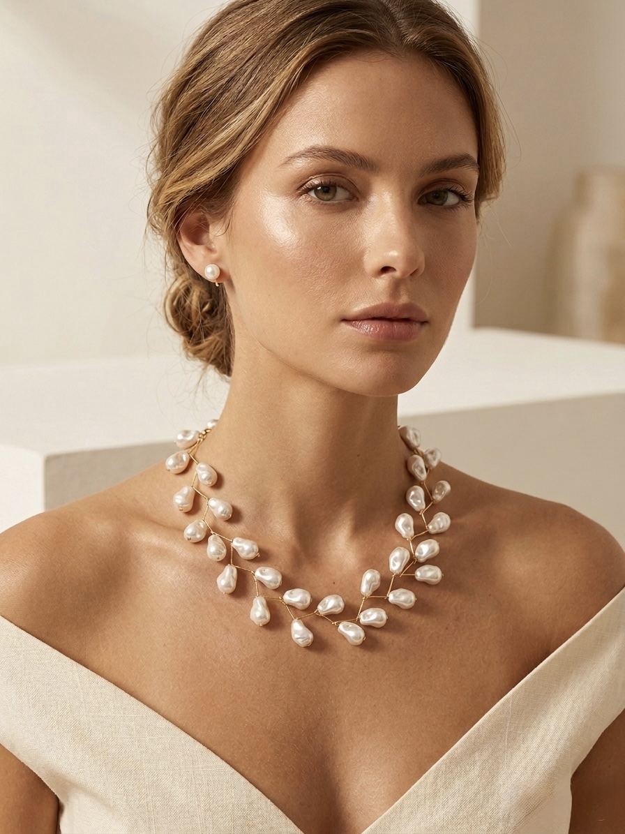 Mulher usando o colar de pérolas barrocas com galhos dourados